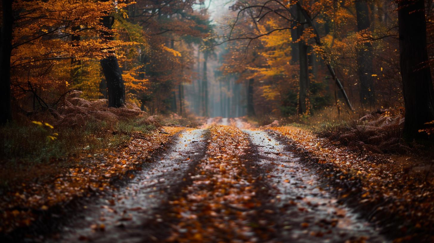 Autumn forest path covered with fallen leaves and surrounded by trees with vibrant fall foliage