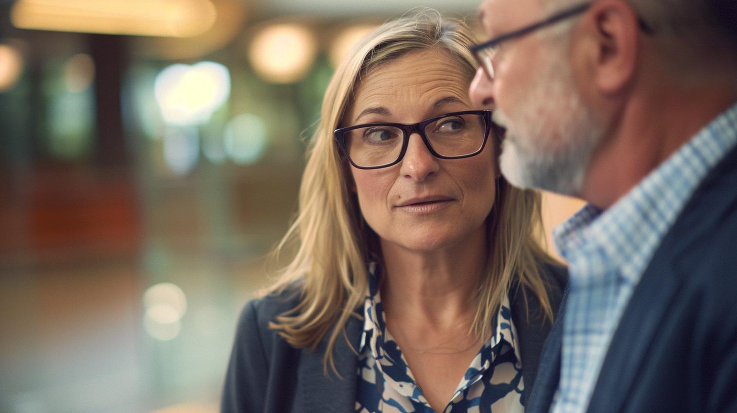 Blonde woman in glasses talking to an older man in an office setting