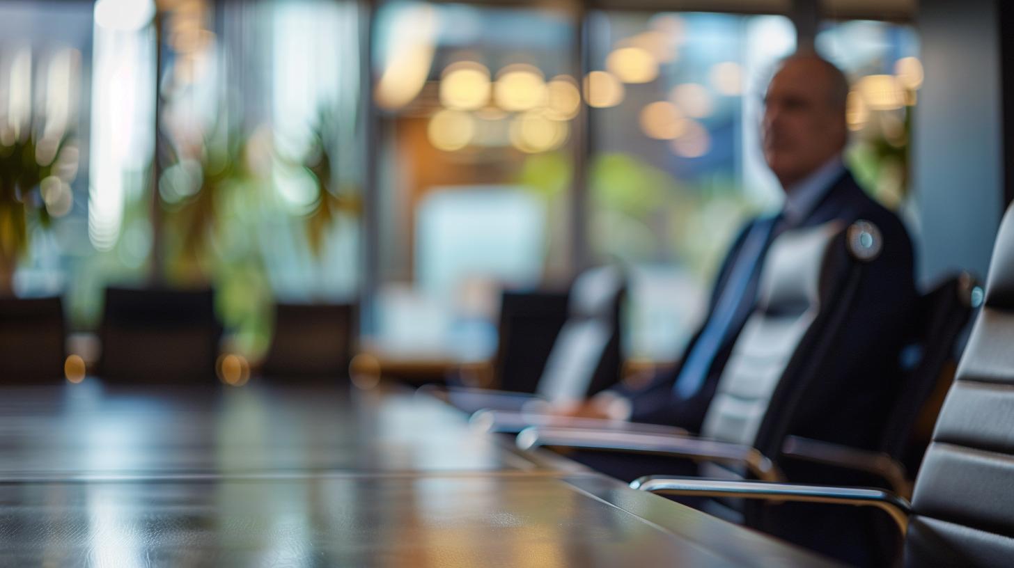 Blurred image of a man in a suit sitting in a modern conference room with empty chairs and a large table