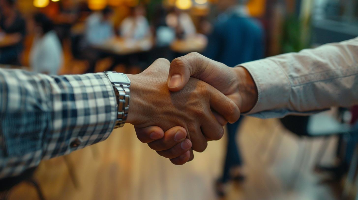 Close-up of two people shaking hands in a business environment indicating agreement and partnership.