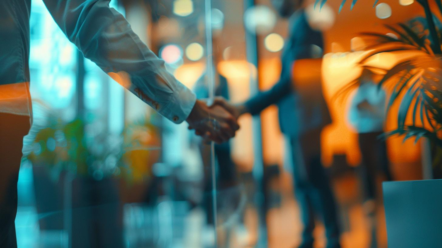 Business handshake in modern office setting with soft focus on two people shaking hands and blurred background showing additional individuals and plants