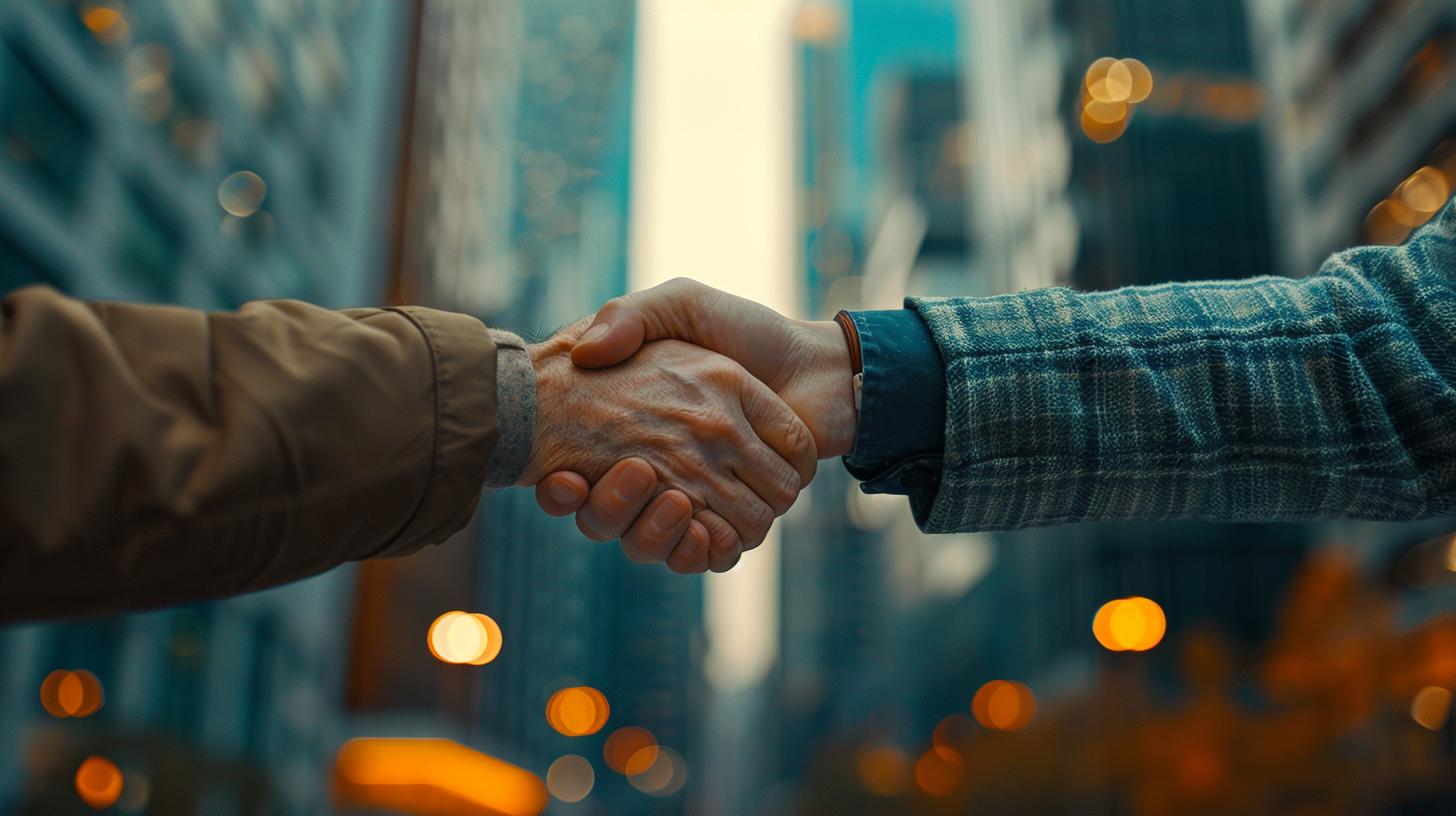 Two people shaking hands in a city street with blurred buildings in the background.