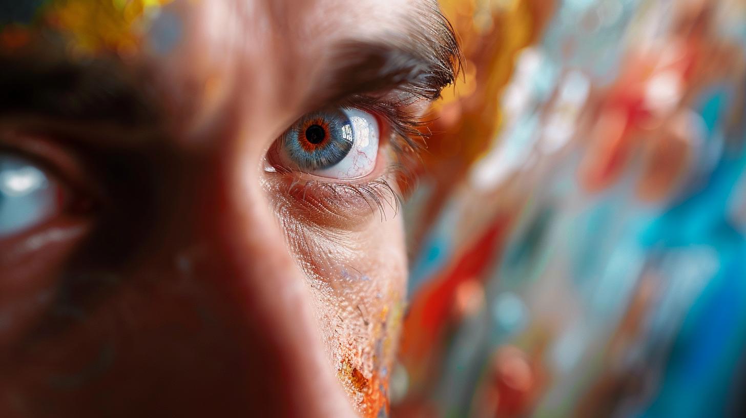 Close-up of a blue eye with colorful paint on face