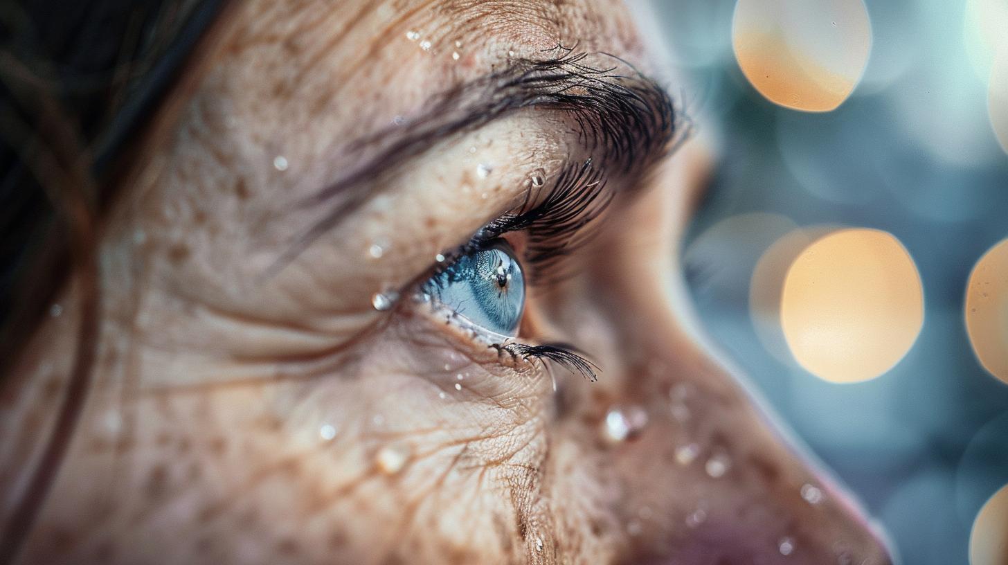 Close-up of a blue eye with water droplets and bokeh lights in the background