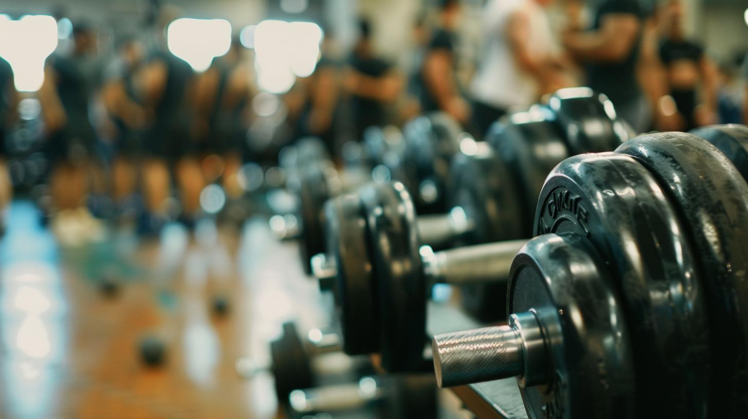 Close-up of dumbbells in a gym with people working out in the background