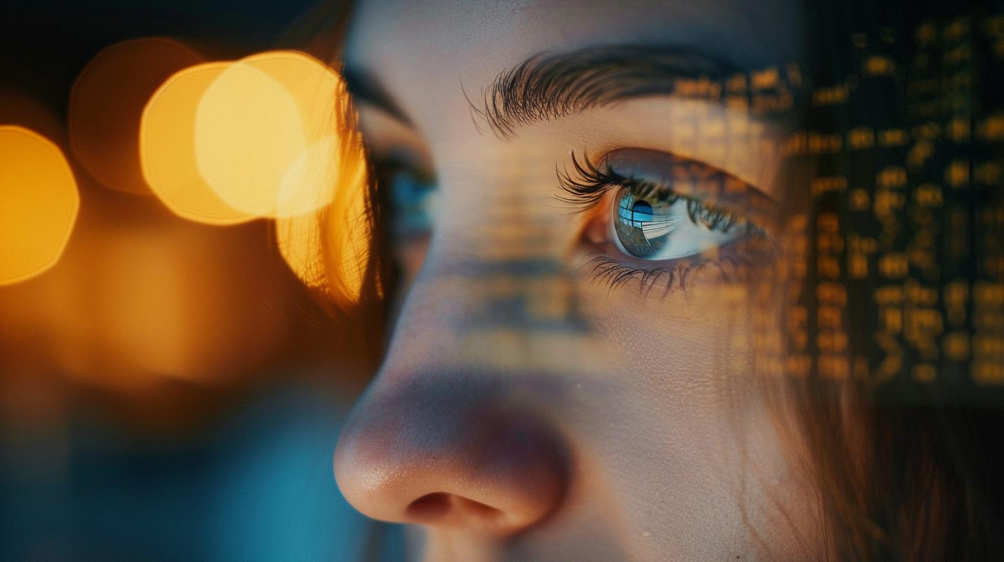 Close-up of a woman's eye with city lights reflection in the background