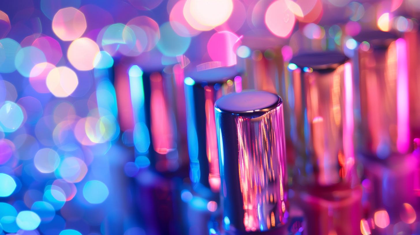 Colorful nail polish bottles with vibrant bokeh background.