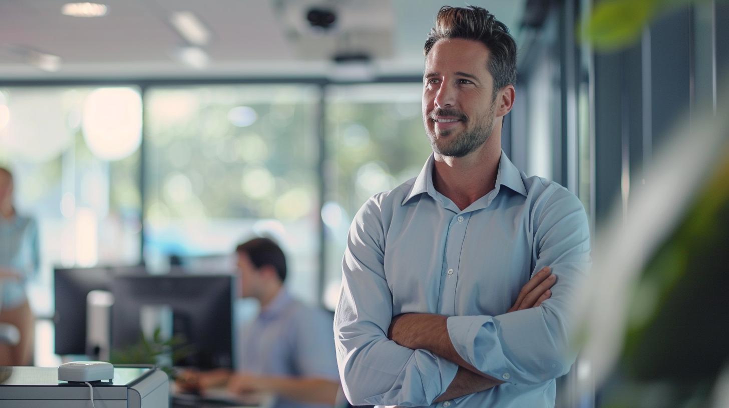 Confident man standing in modern office environment arms crossed office background workers in focus professional atmosphere business setting smiling individual clean workspace bright lighting large windows.