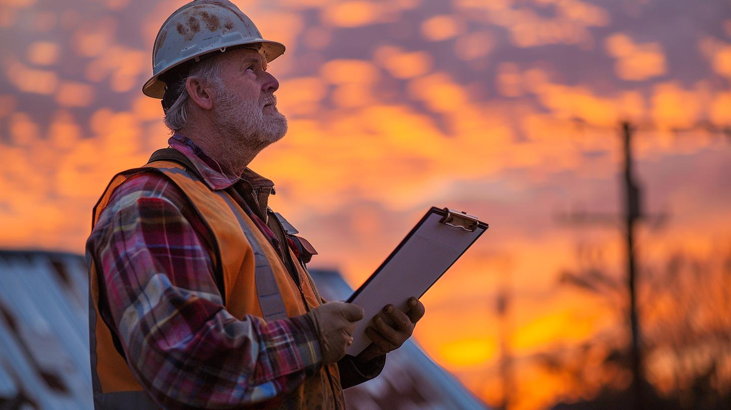 Construction worker holding a clipboard at sunset with vibrant orange sky