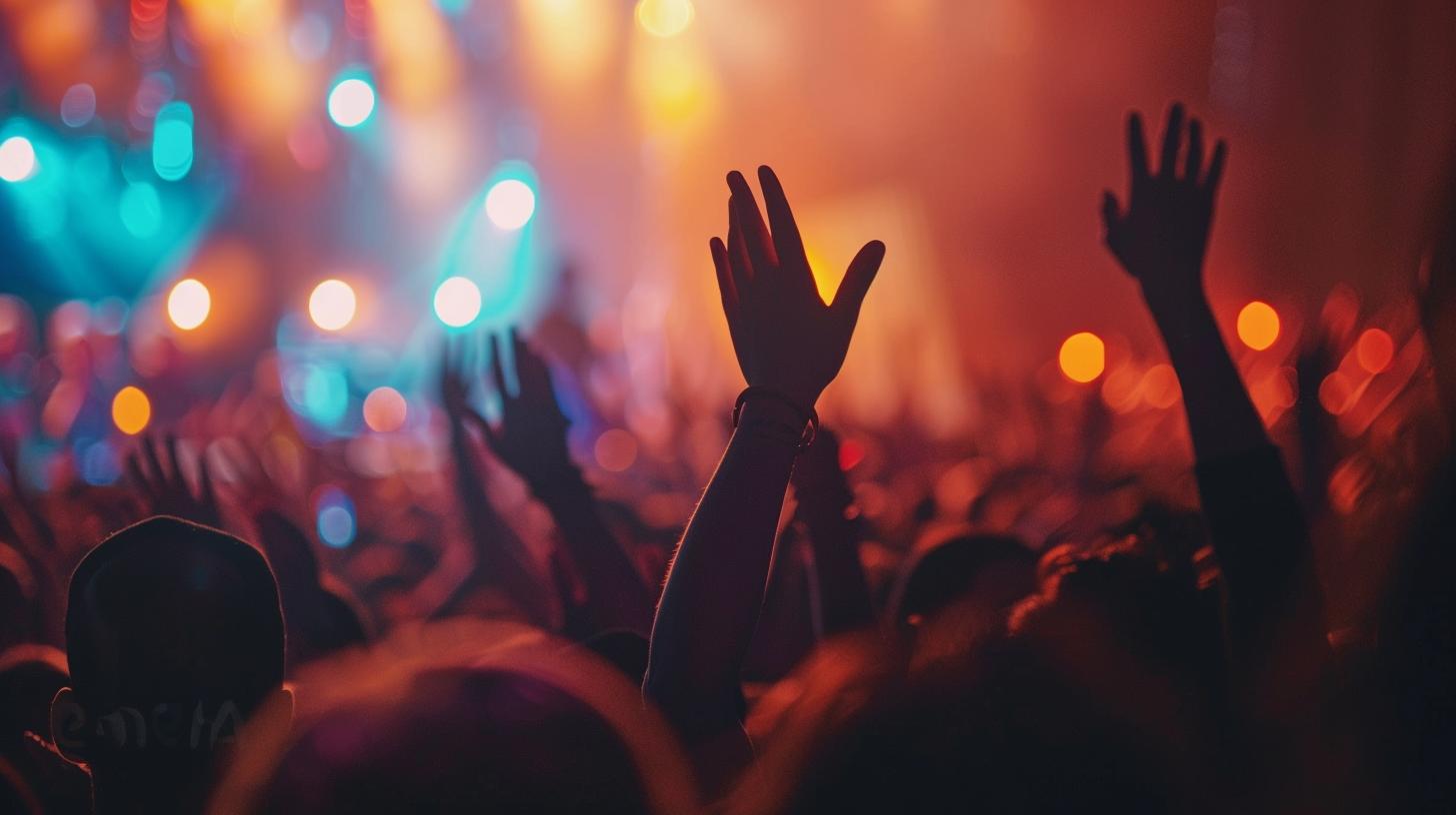 Crowd enjoying a live concert with colorful stage lighting and raised hands