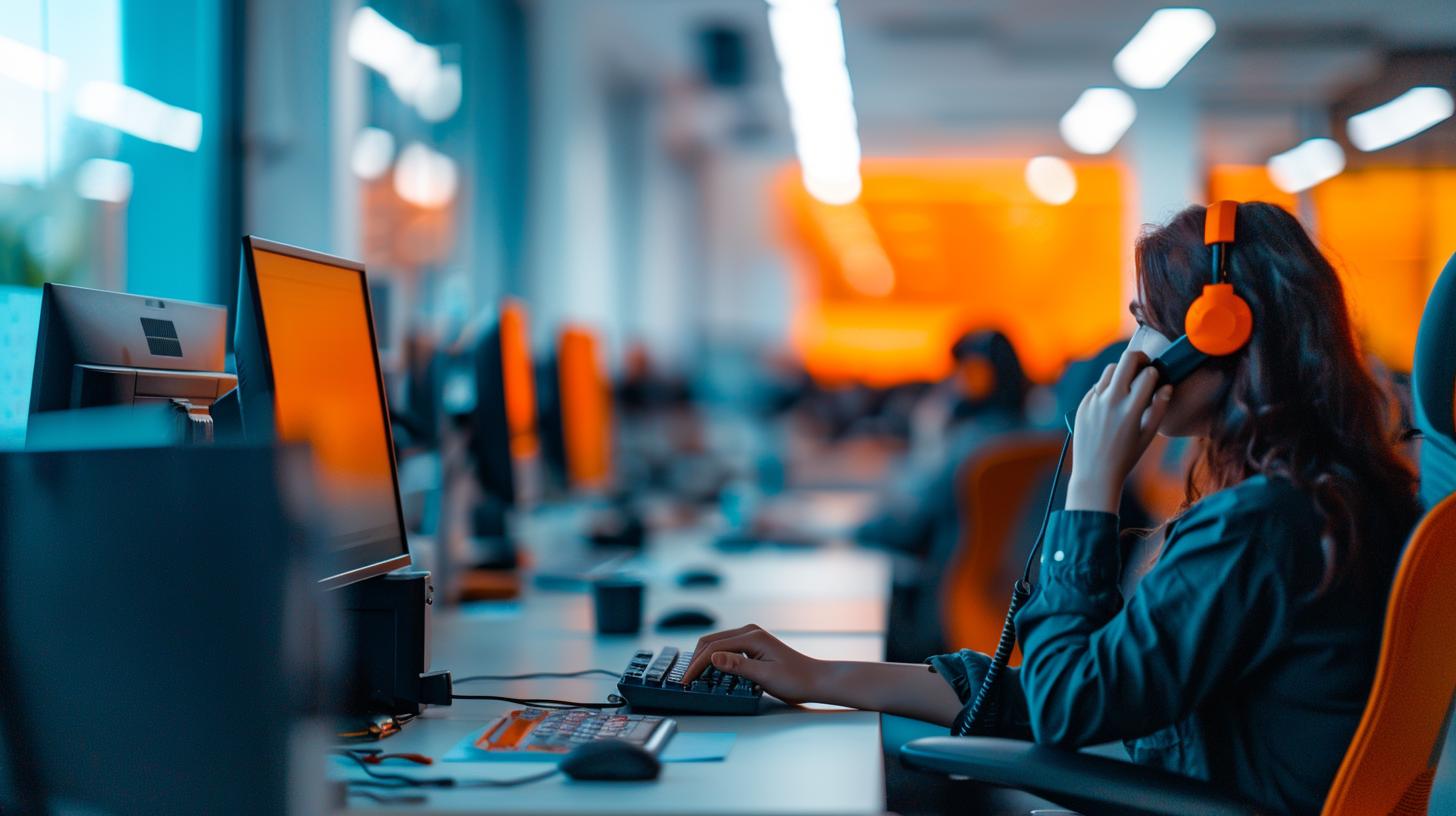 Customer service representative at a call center working on a computer with a headset