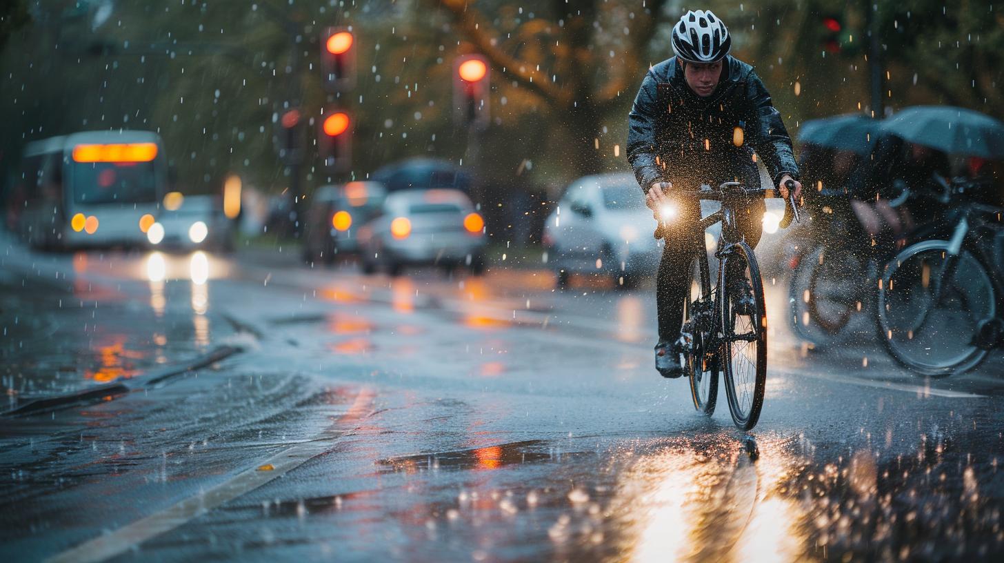 Cyclist riding on a rainy street with reflections of city lights on the wet road and blurred vehicles in the background.