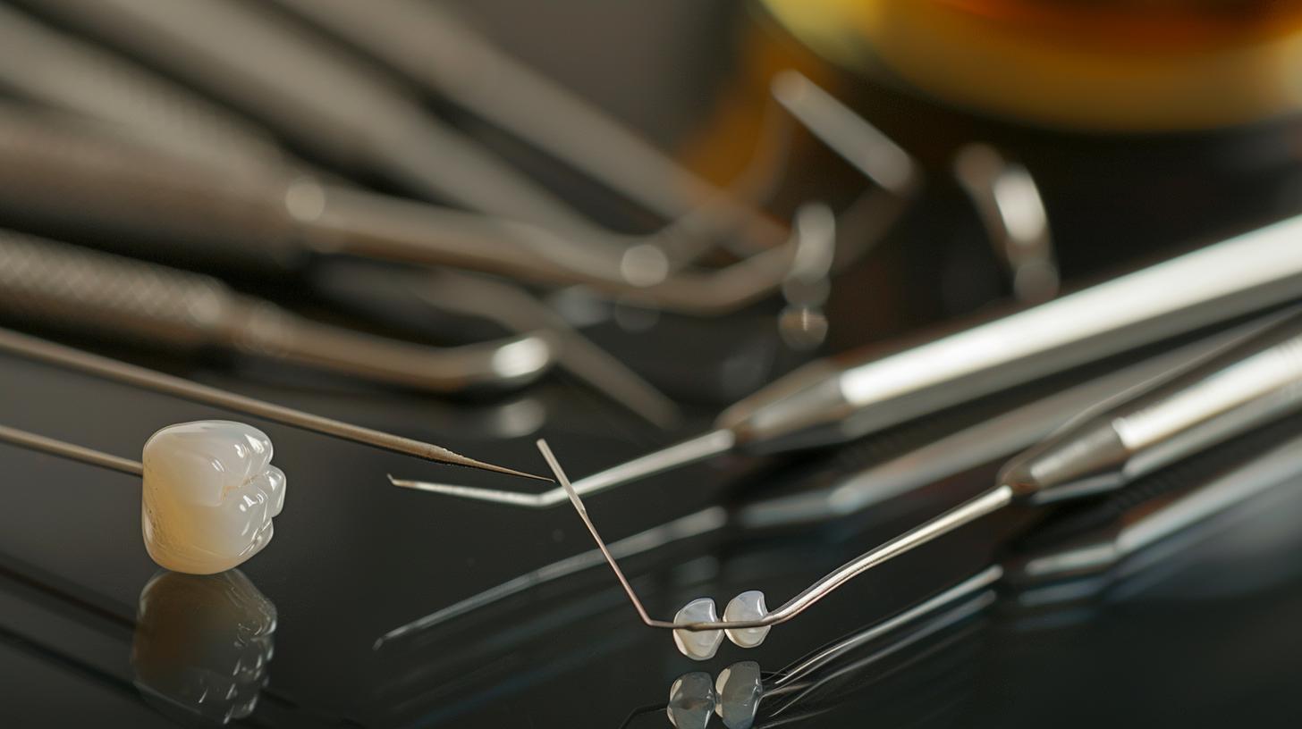 Close-up of various dental tools and tooth model on a reflective surface in a dental clinic setting