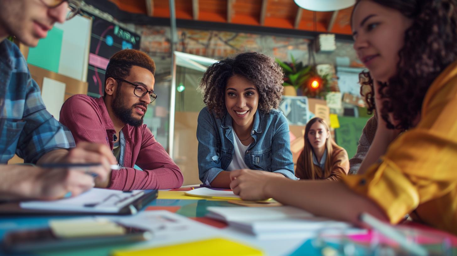 Group of diverse young professionals collaborating in a modern workspace engaging in a productive team discussion with vibrant office decor in the background.