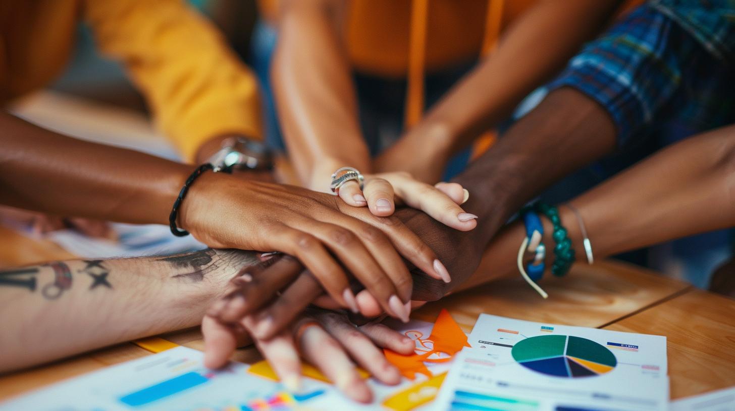 Hands of diverse team members stacked together over business documents symbolizing teamwork and unity in workplace