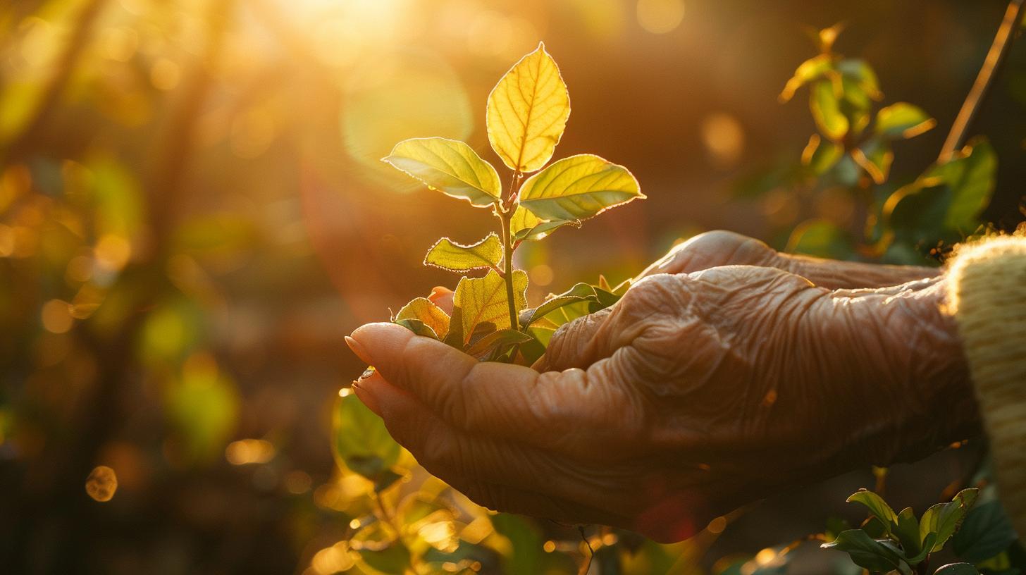 Elderly hands holding a small plant at sunset in a garden