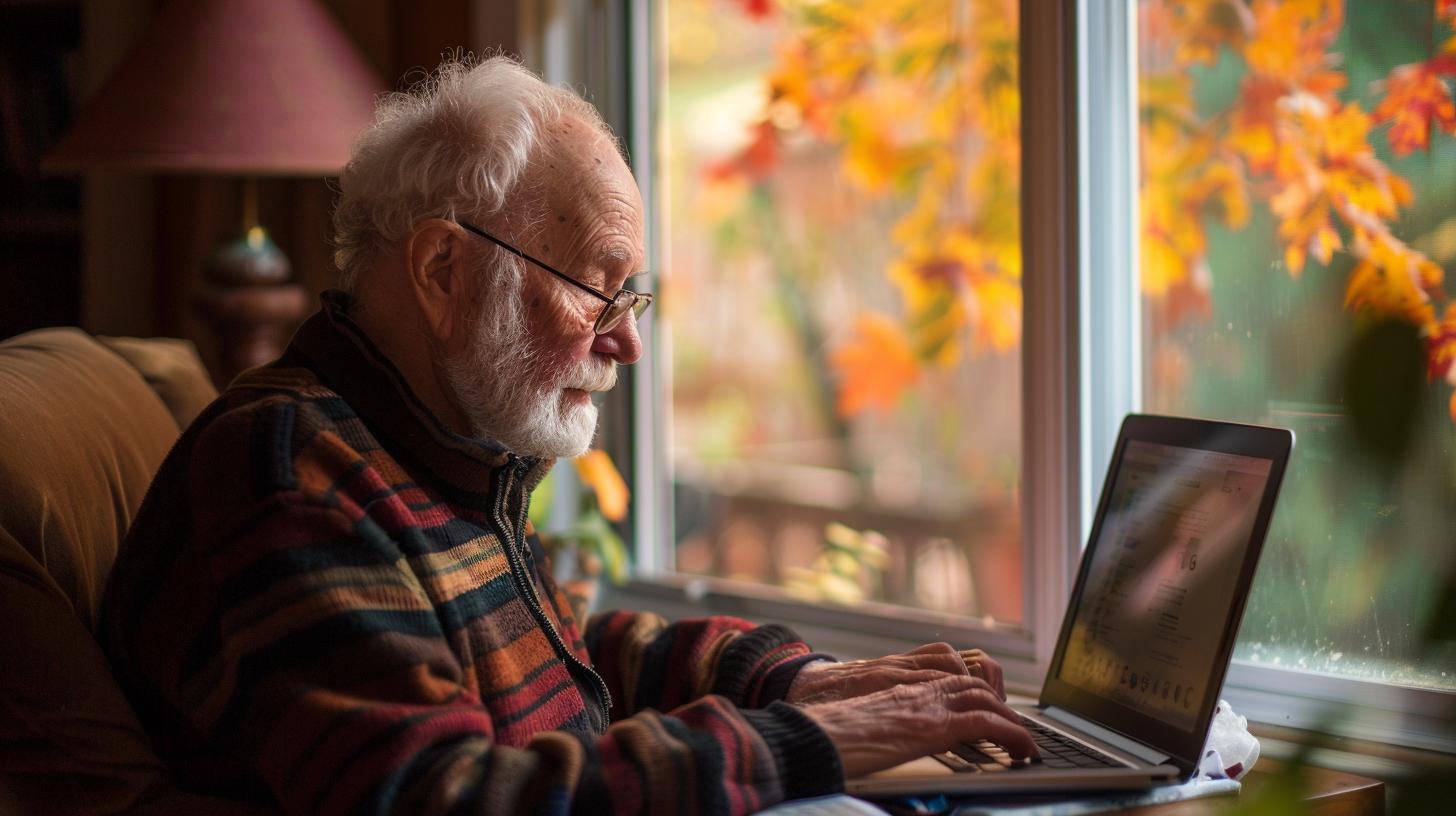 Elderly man using a laptop by the window during autumn