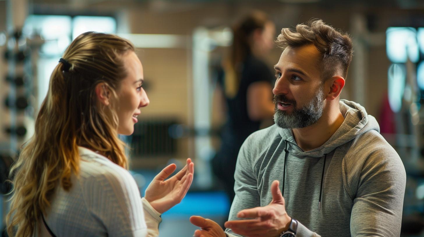 A female gym-goer talking to her personal trainer in a fitness center.