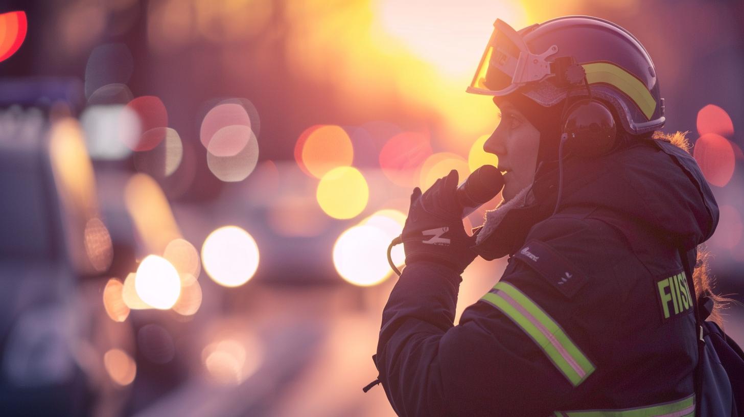 Firefighter in uniform and helmet using a radio at sunset with blurry lights in the background