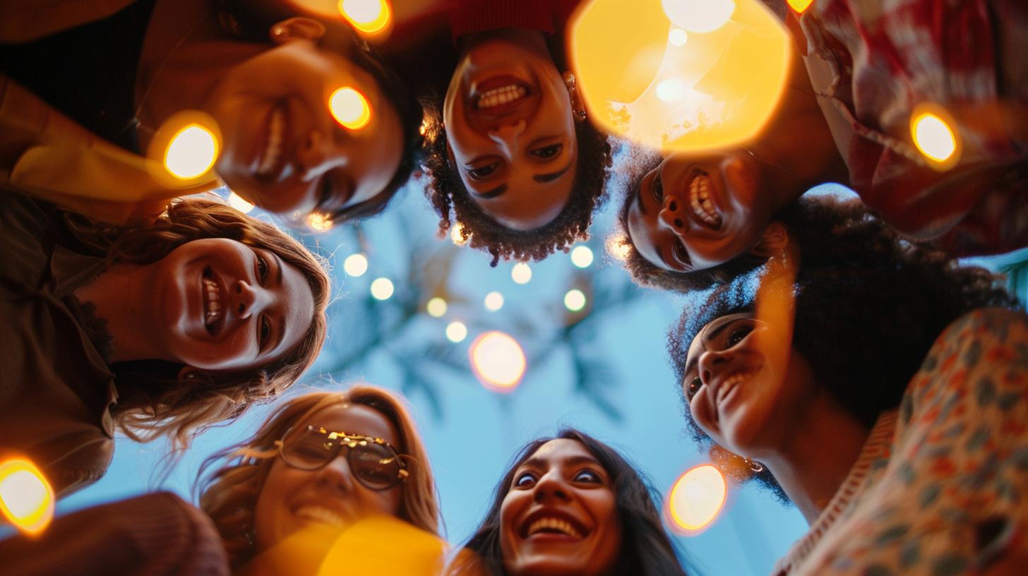 Group of friends smiling in a circle with yellow string lights in the background