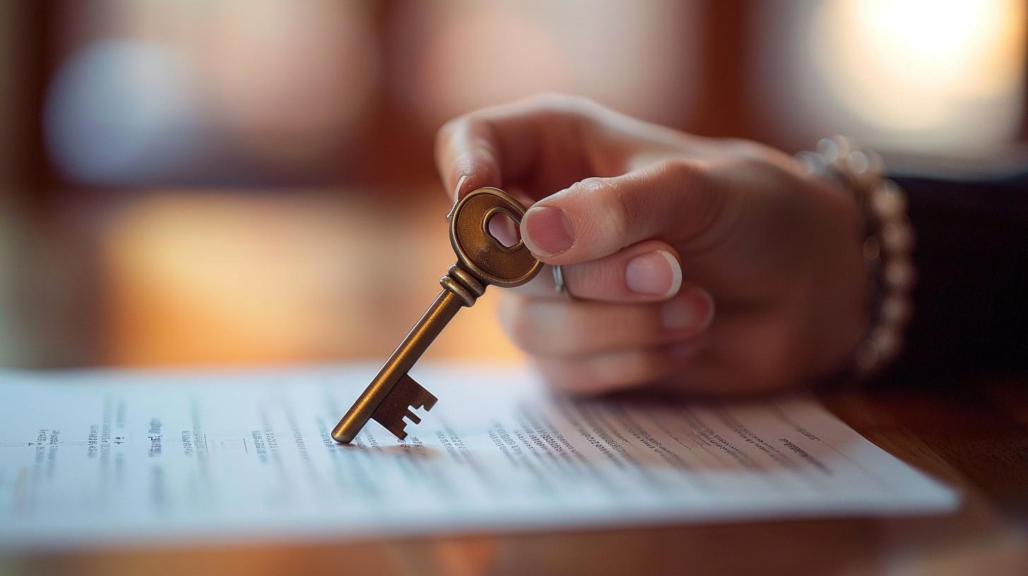 Hand holding an antique key placed on top of a contract document, symbolizing real estate or legal agreement.