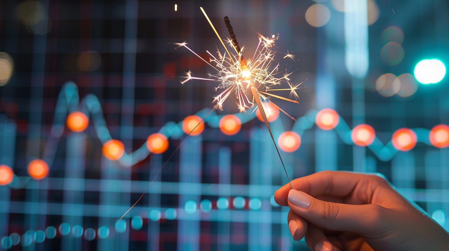 Hand holding a sparkler in front of a colorful stock market graph background