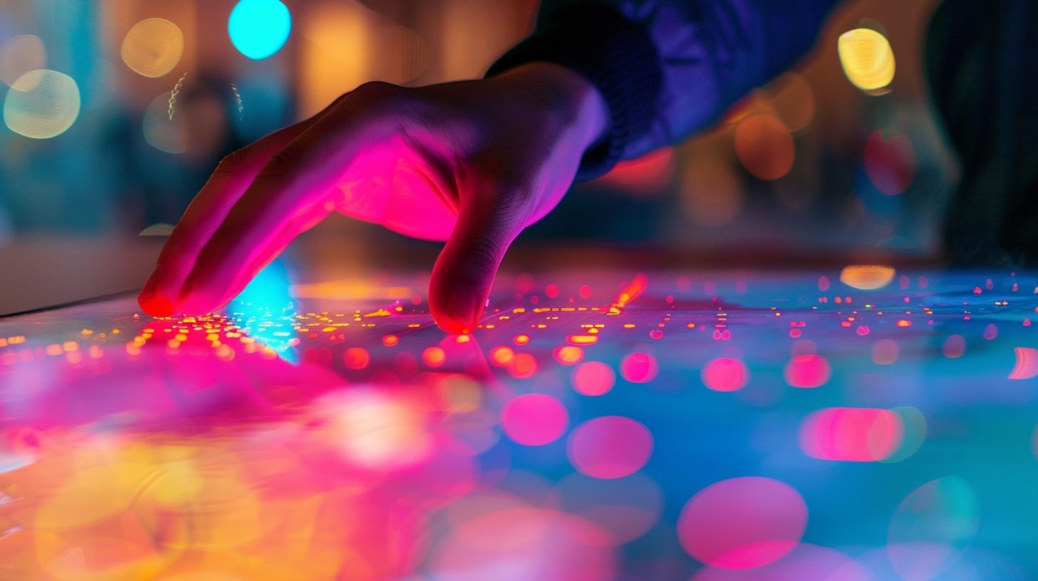 Hand interacting with a digital touchscreen interface surrounded by vibrant neon lights and bokeh effects