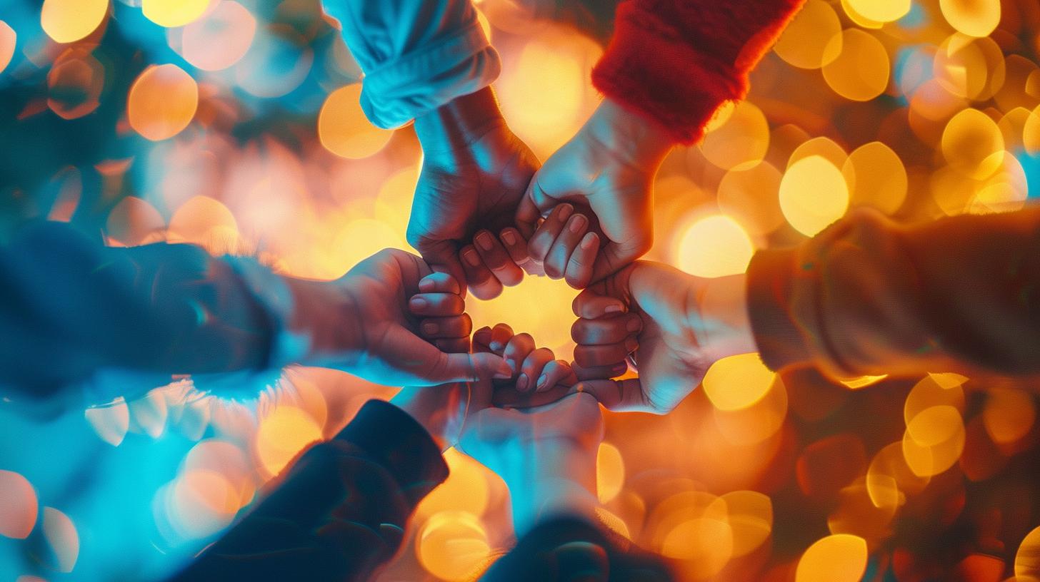 Hands joined together forming a heart shape with a background of colorful bokeh lights