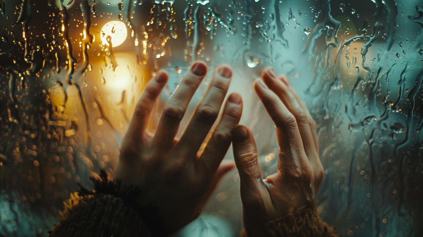 Hands touching a rainy window with blurred city lights in the background creating a moody atmosphere