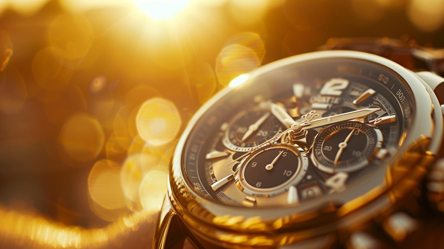 Luxury gold wristwatch with a detailed dial closeup against a blurred golden bokeh background during sunset.