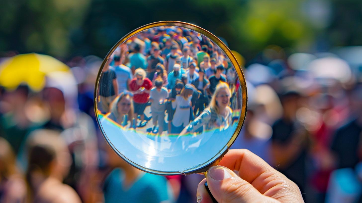 Magnifying glass focusing on a crowd of people outdoors