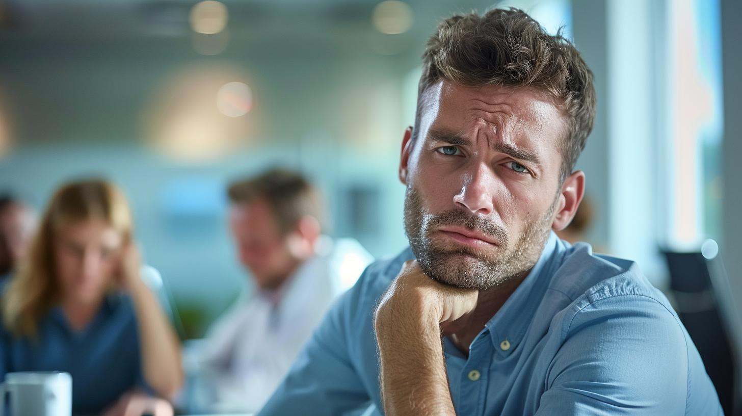 Man looking bored and frustrated in an office setting while colleagues work in the background.