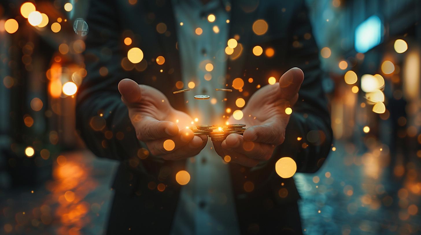 Man holding floating coins in hands surrounded by glowing lights in blurred urban background