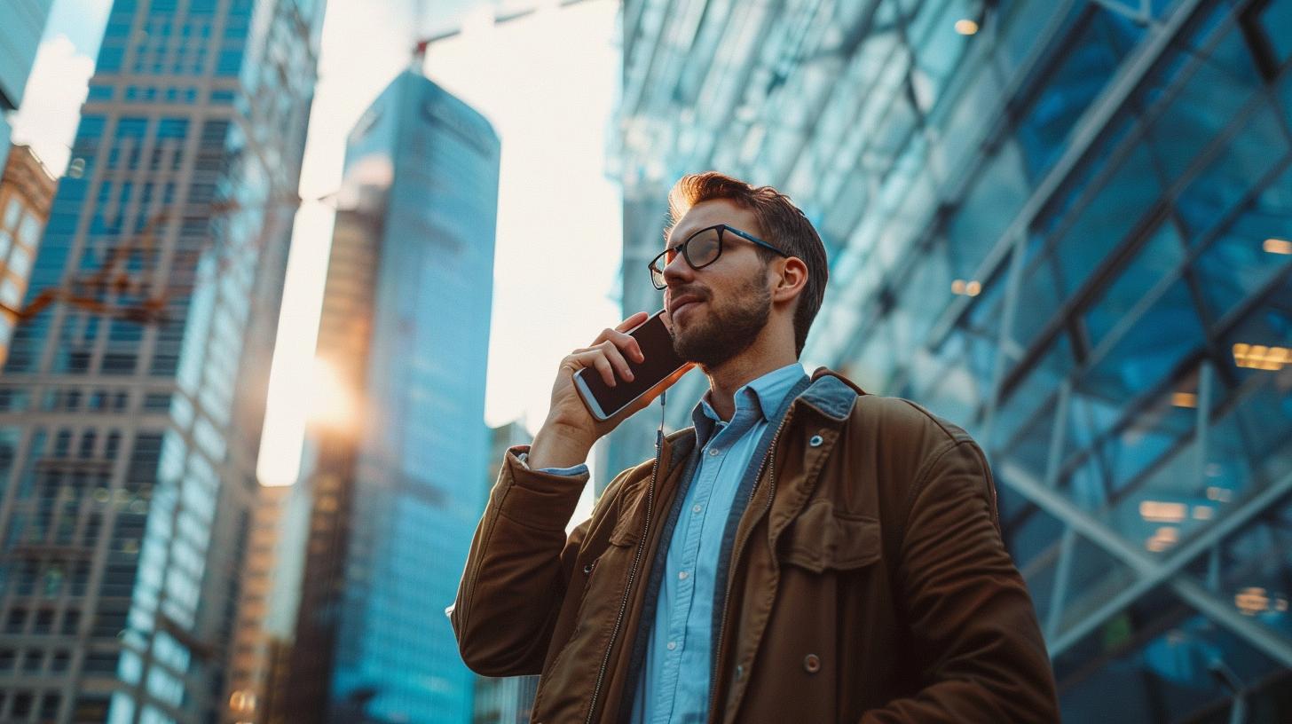 Man wearing glasses and a jacket talking on a smartphone in a modern cityscape background with tall glass buildings and sunlight.