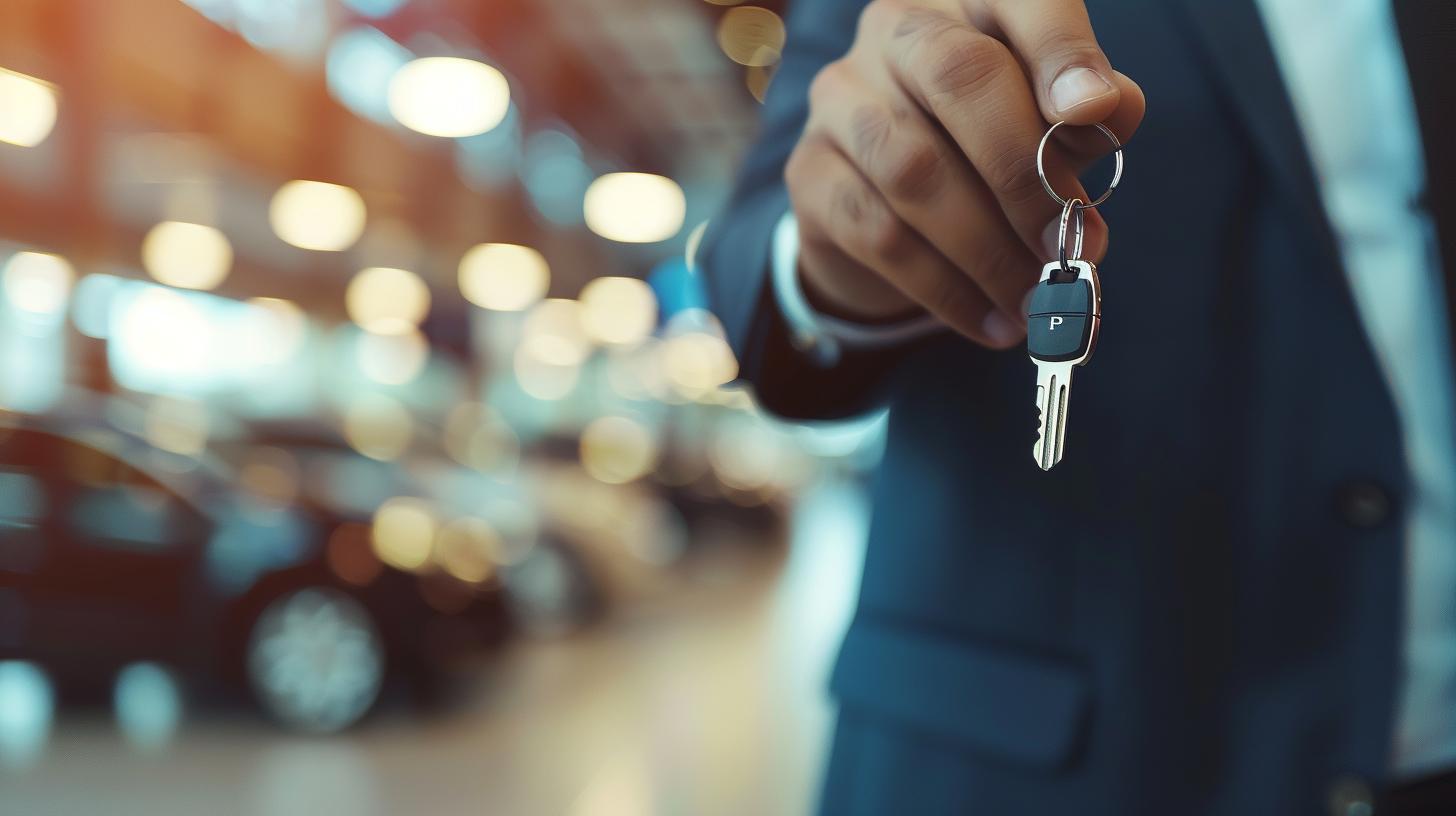 Man in suit handing over car keys at a dealership with blurred cars in the background