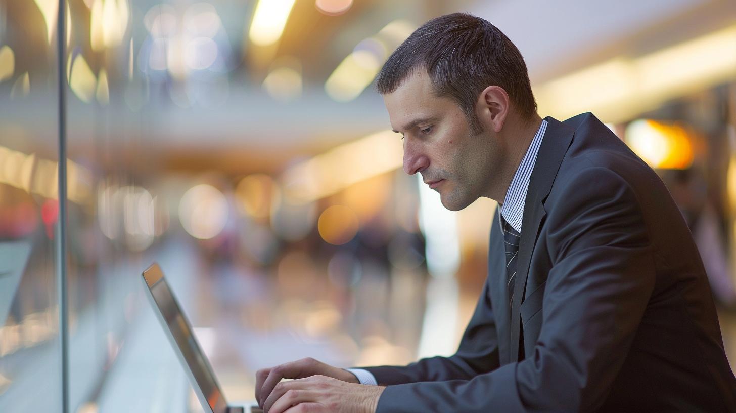 Man in a suit working on a laptop in a modern office environment with blurred background