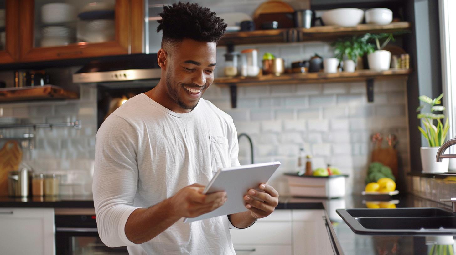 Man using tablet in modern kitchen while smiling