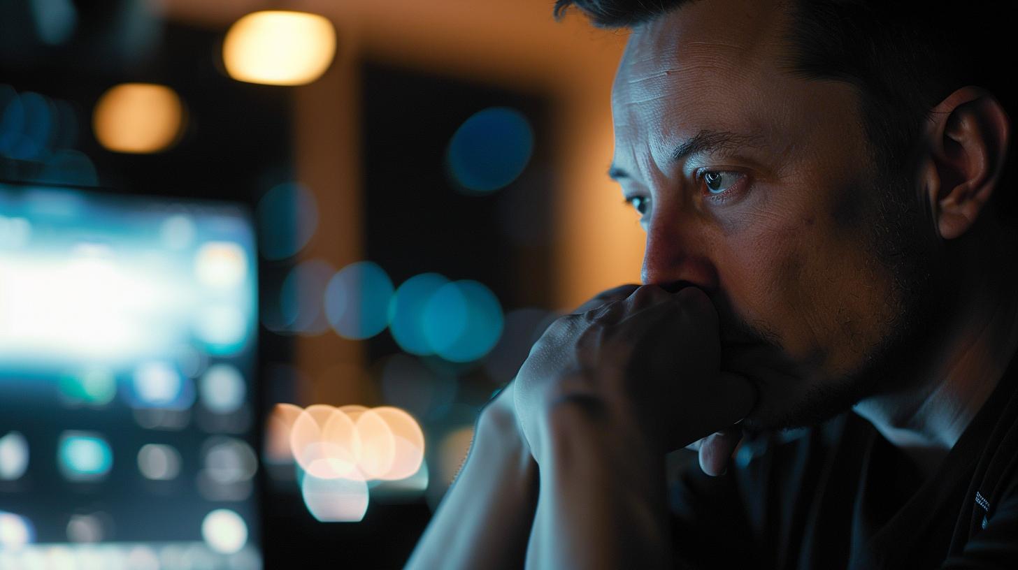 Man deep in thought in front of a computer with blurred city lights in the background at night.