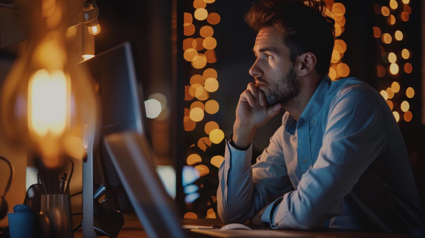 Man working late at computer desk surrounded by bokeh lights in background office setting productivity focused professional evening work