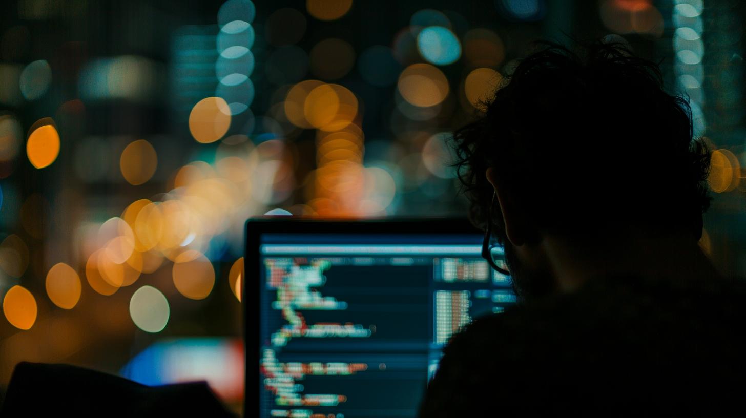 Person coding on laptop at night with city lights in the background