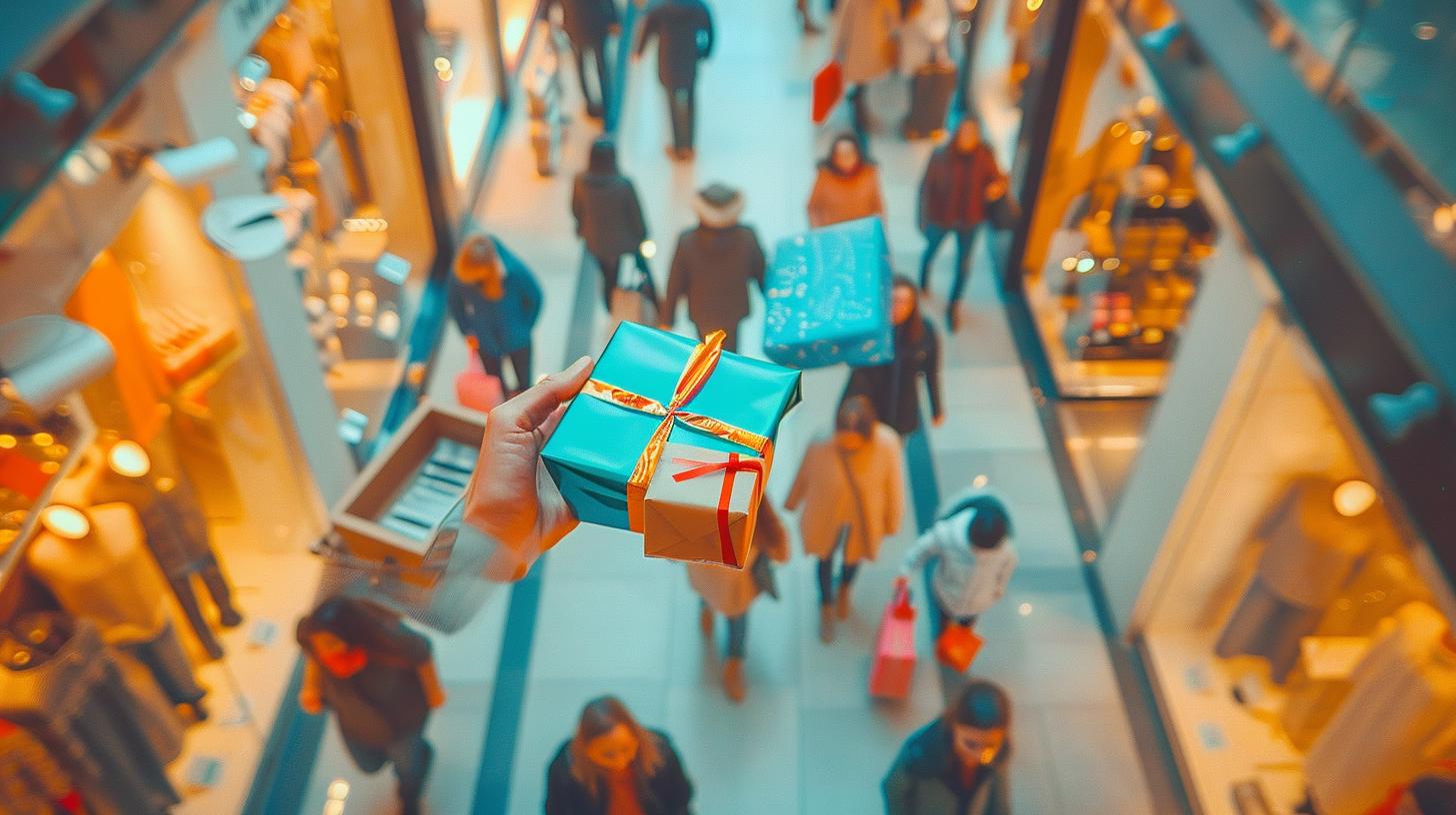 Person holding gift box in busy shopping mall during holiday season showing shoppers and stores