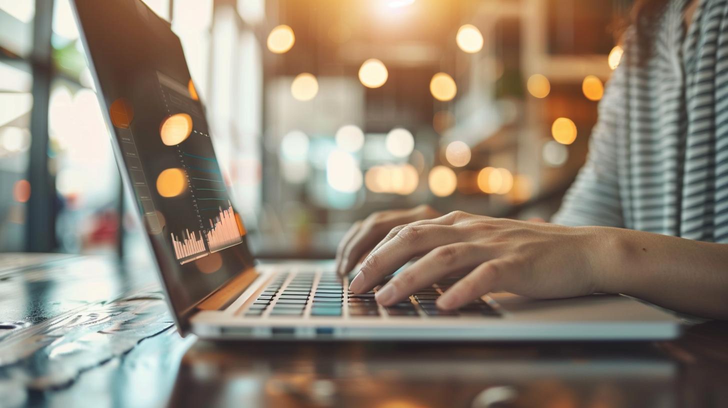 Person typing on a laptop with a graph displayed on the screen in a cozy cafe environment with warm lighting.