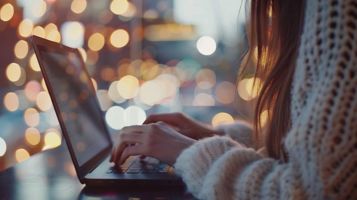 Person typing on a laptop at night with blurred city lights in the background.