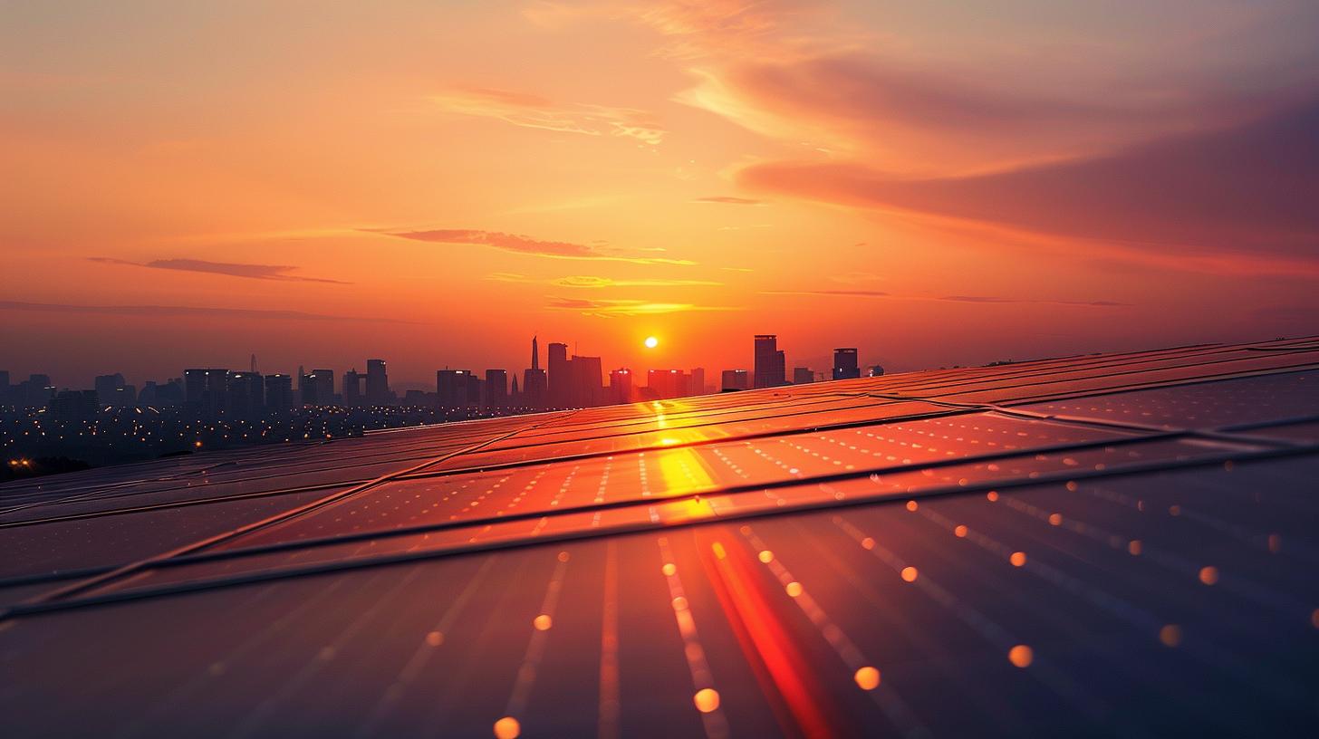 Rooftop solar panels at sunset with a city skyline in the background sustainable energy concept