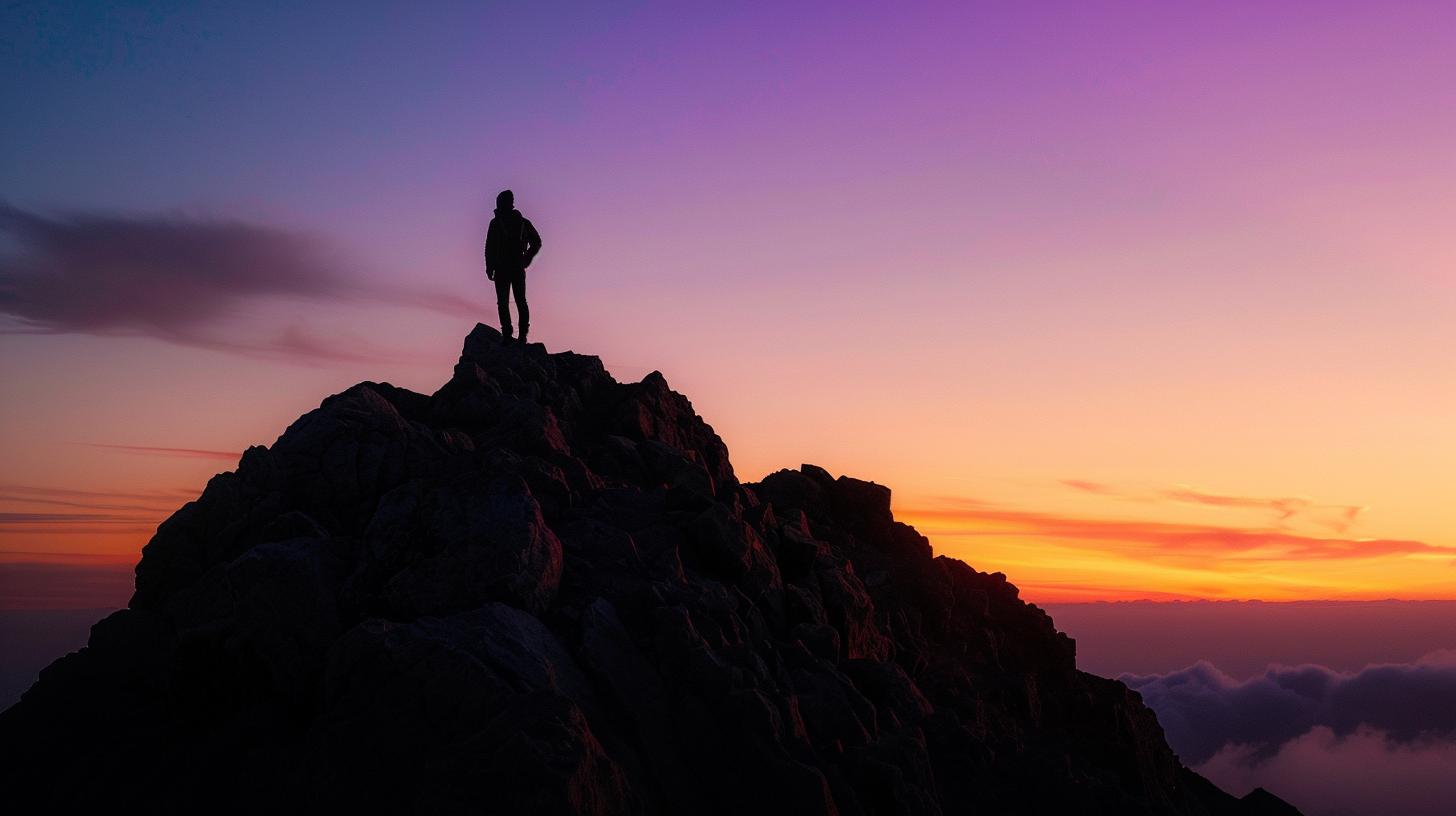 Silhouette of a person standing on a rocky mountain peak at sunset with a colorful sky in the background