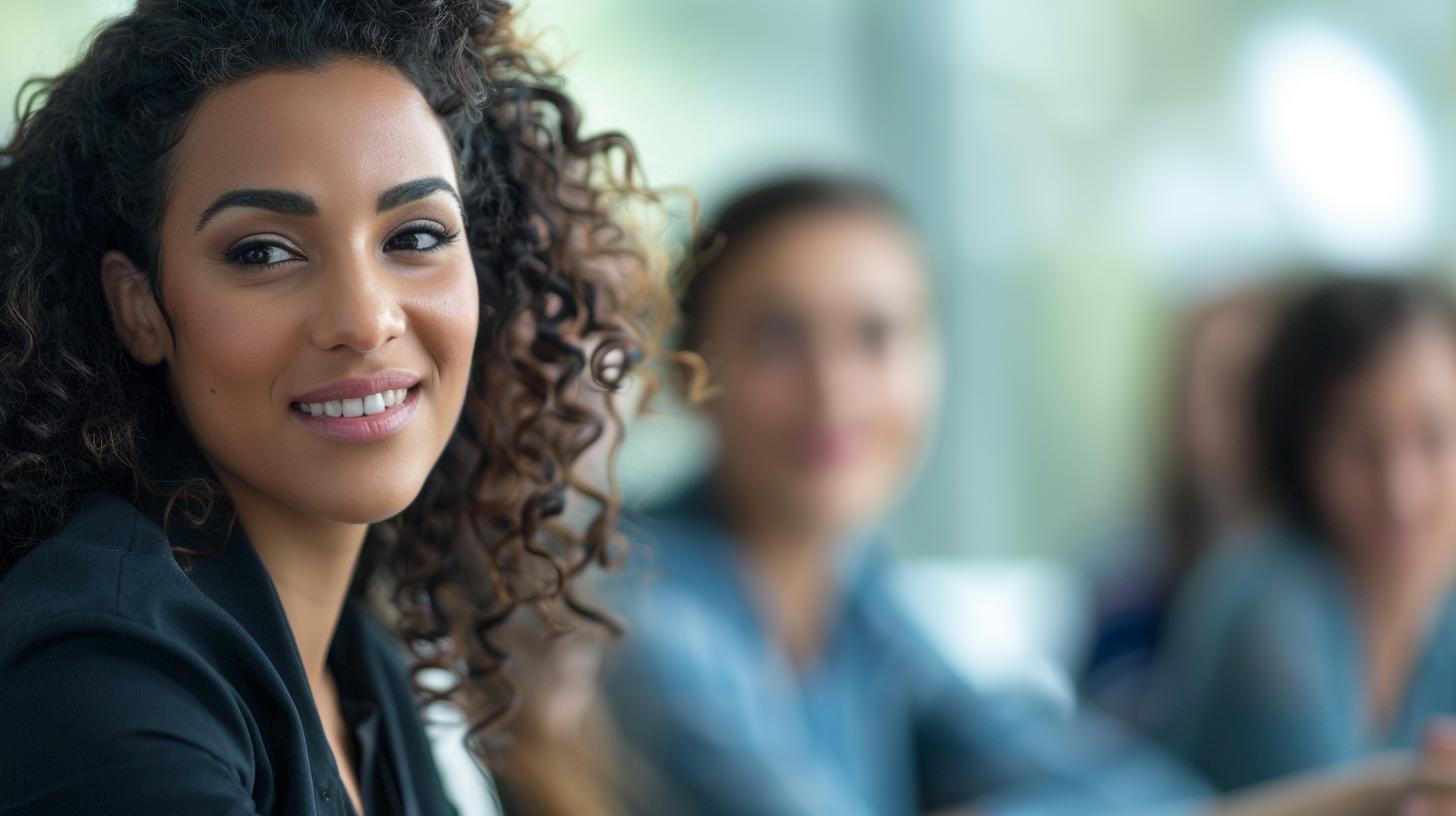 Smiling woman with curly hair in a business meeting setting