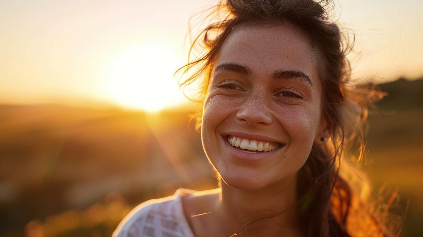 Smiling woman outdoors at sunset with warm sunlight in background