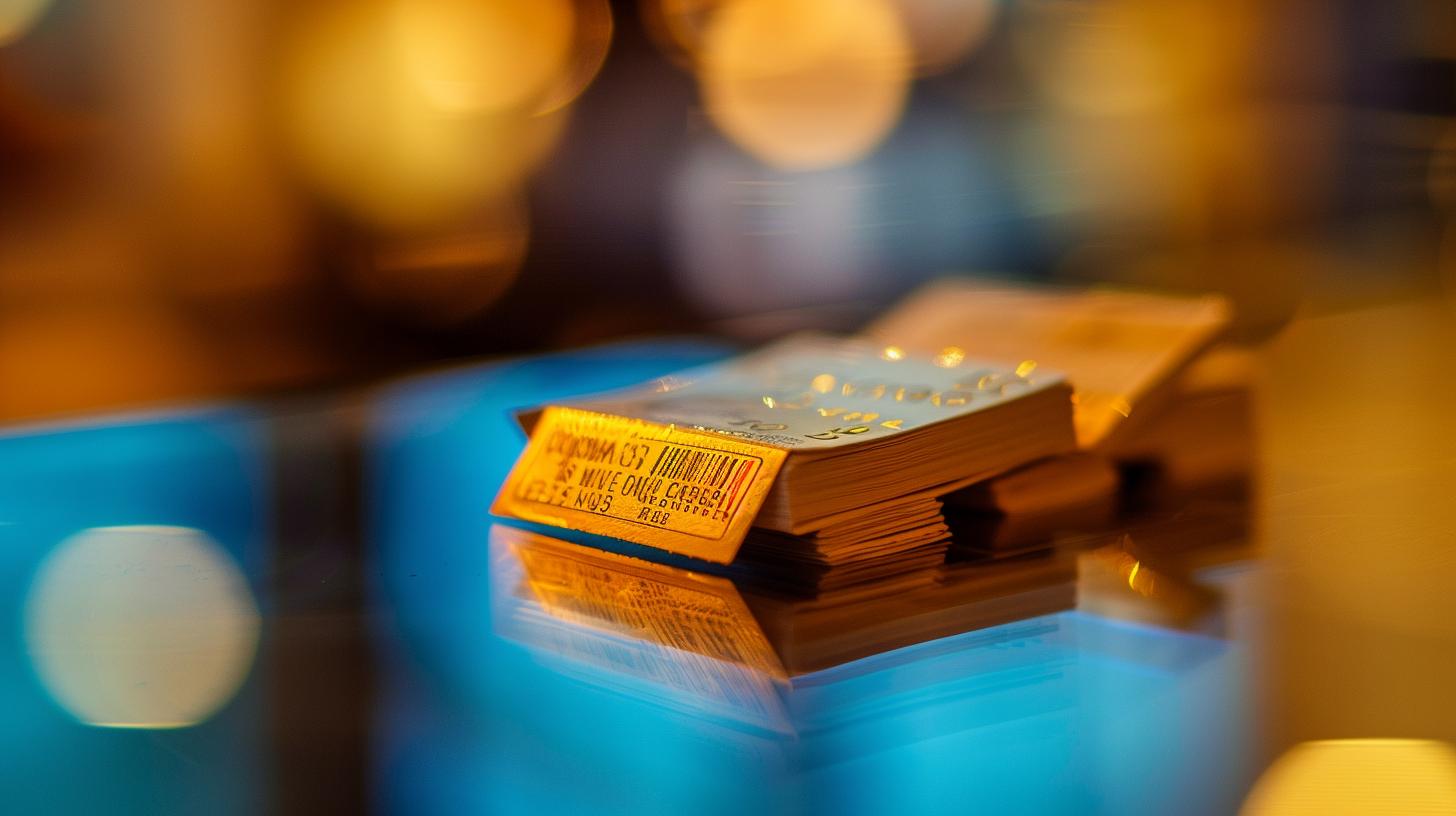 Stack of gold bars on a reflective surface with blurry lights in the background