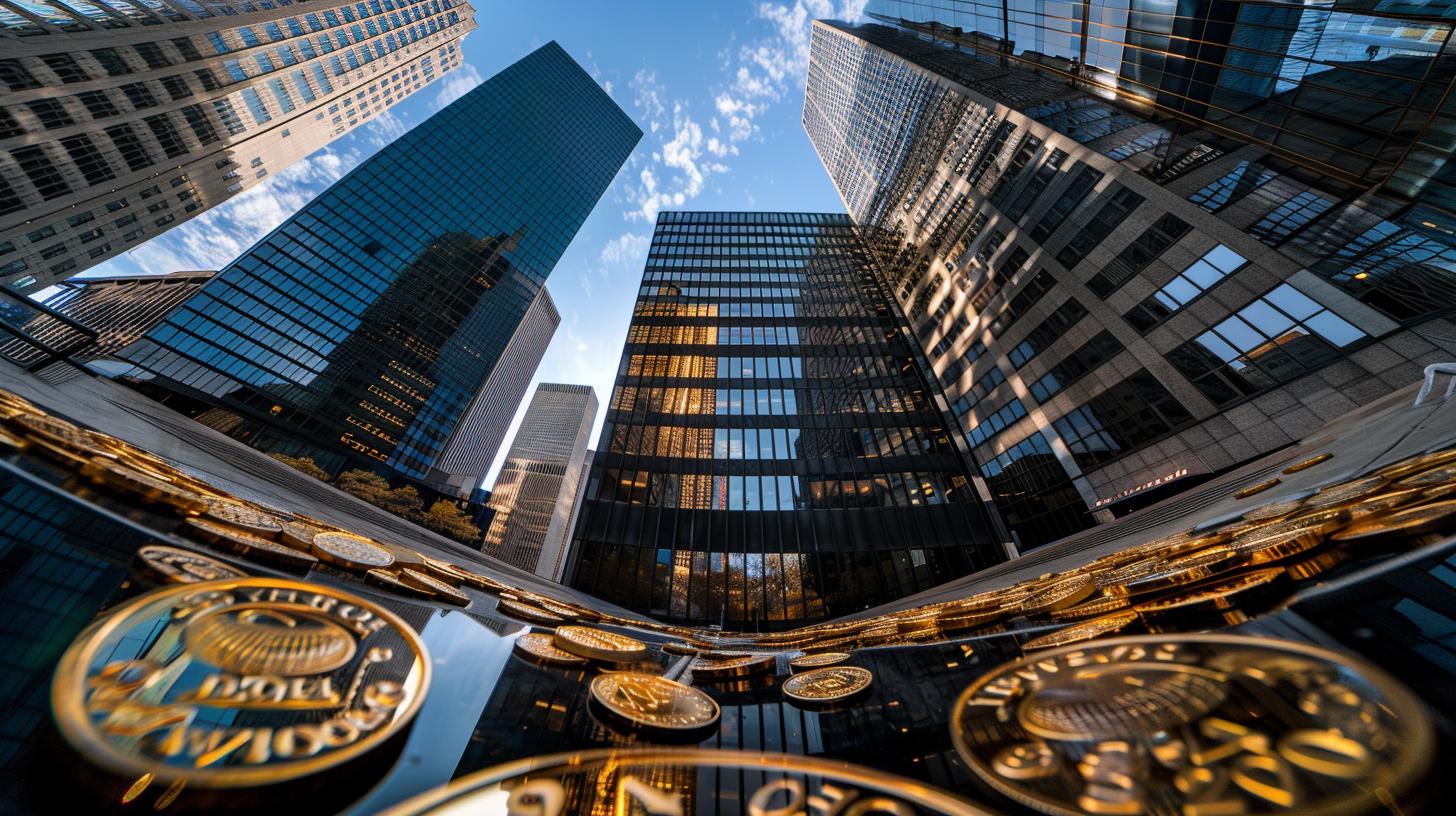 Tall skyscrapers seen from below reflecting blue sky and clouds with golden coins in the foreground sterile cityscape urban architecture finance economy