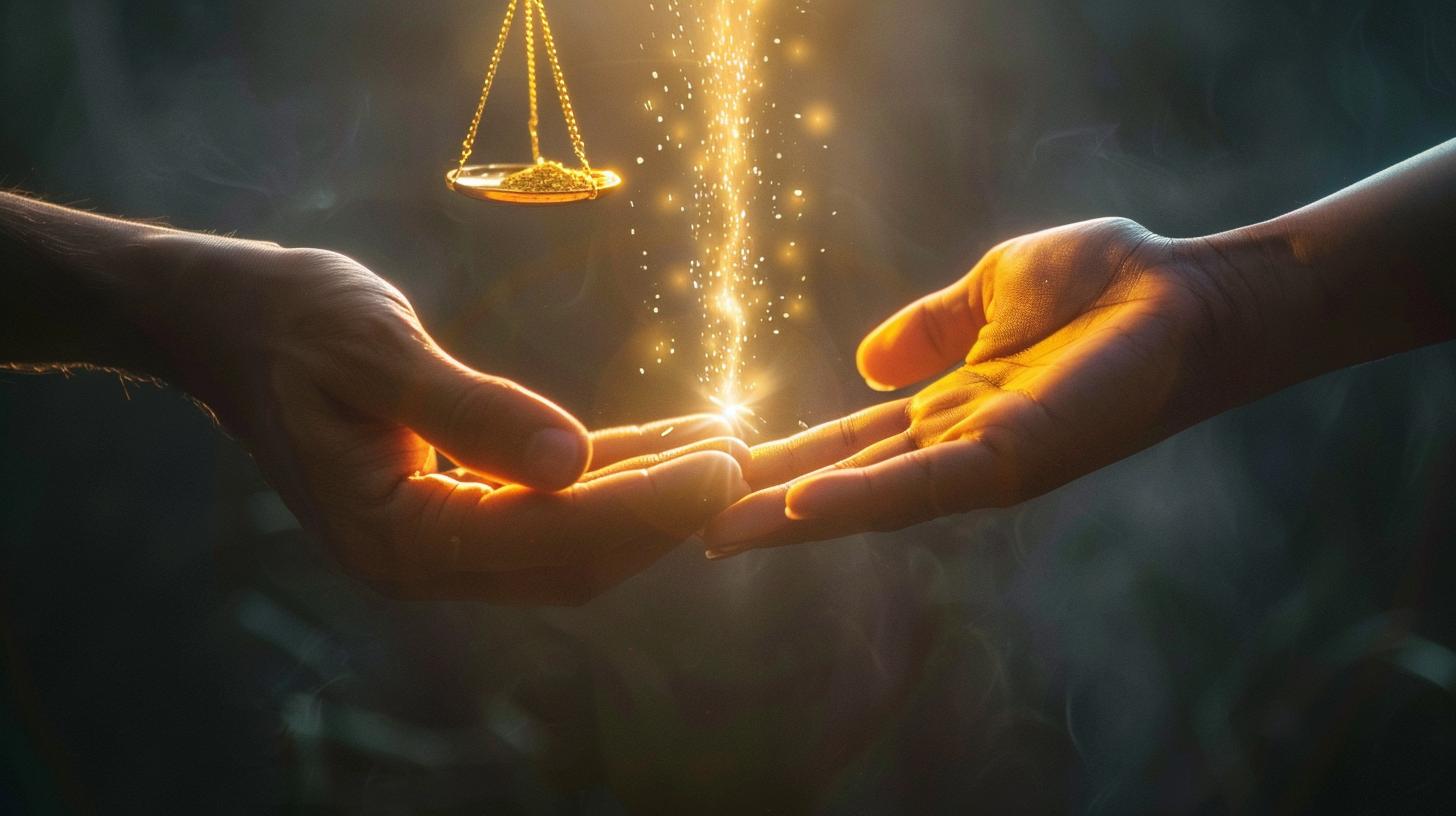 Two hands connected by a golden light with a golden scale in the background symbolizing balance and harmony